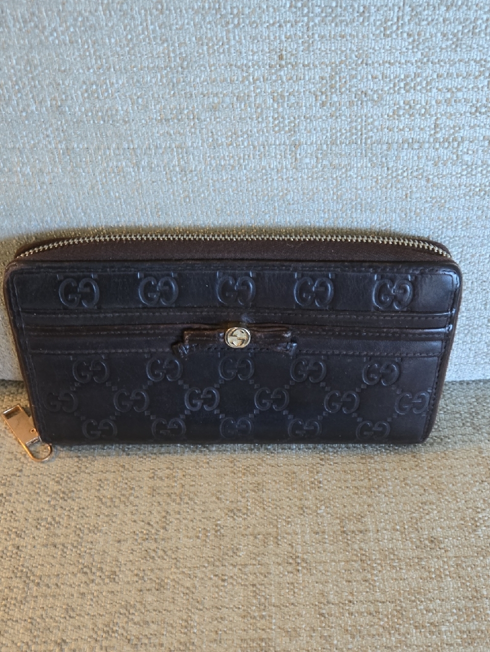 Gucci Black GG Embossed Leather Zip Wallet with Gold Hardware